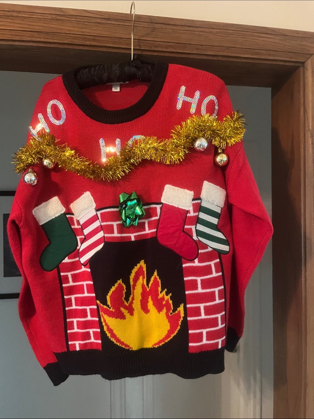 Derek Heart Red Holiday Garland Sweater with Fireplace & Stockings